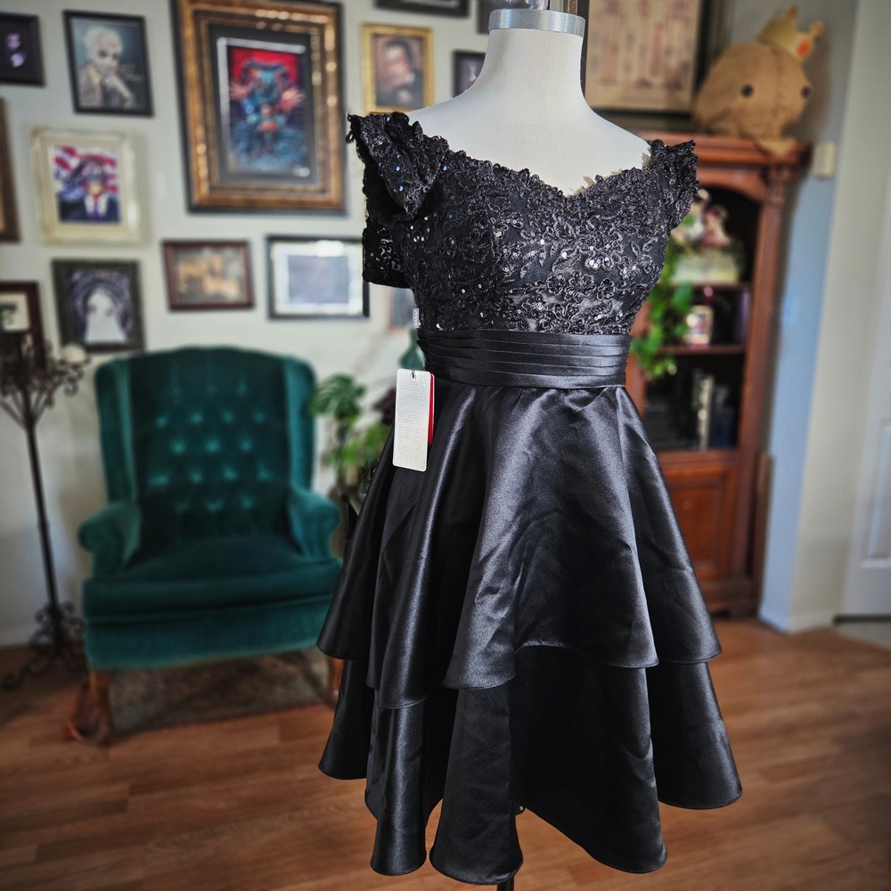 JJ's House Black Lace Sequin Cocktail Dress Tiered Skirt Formal Occasion